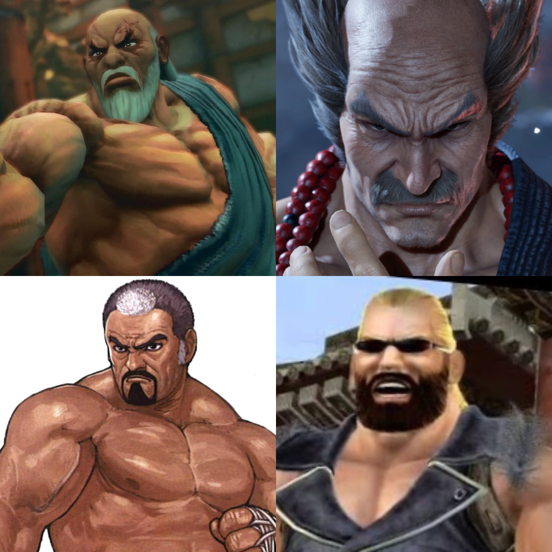Image collage of Heihachi Mishisma, Bass Armstrong, Gang-il, and Gouken from Street Fighter.