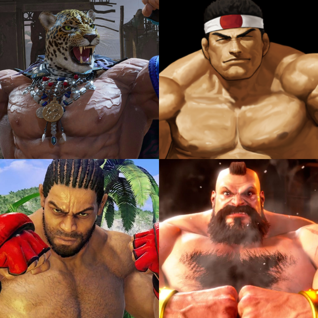 Image collage of King from Tekken, Goro Daimon From King of Fighters, Zangief from street fighter, and Jeffry Mcwild from virtua fighter.